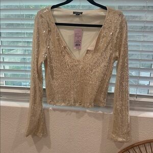 Sequin champagne tie neck blouse